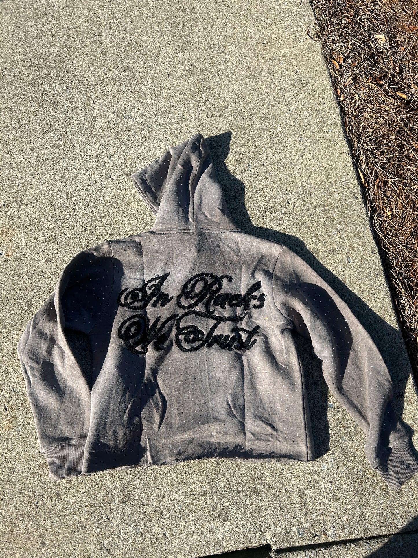 Grey Rhinestone “ In Racks We Trust” Hoodie