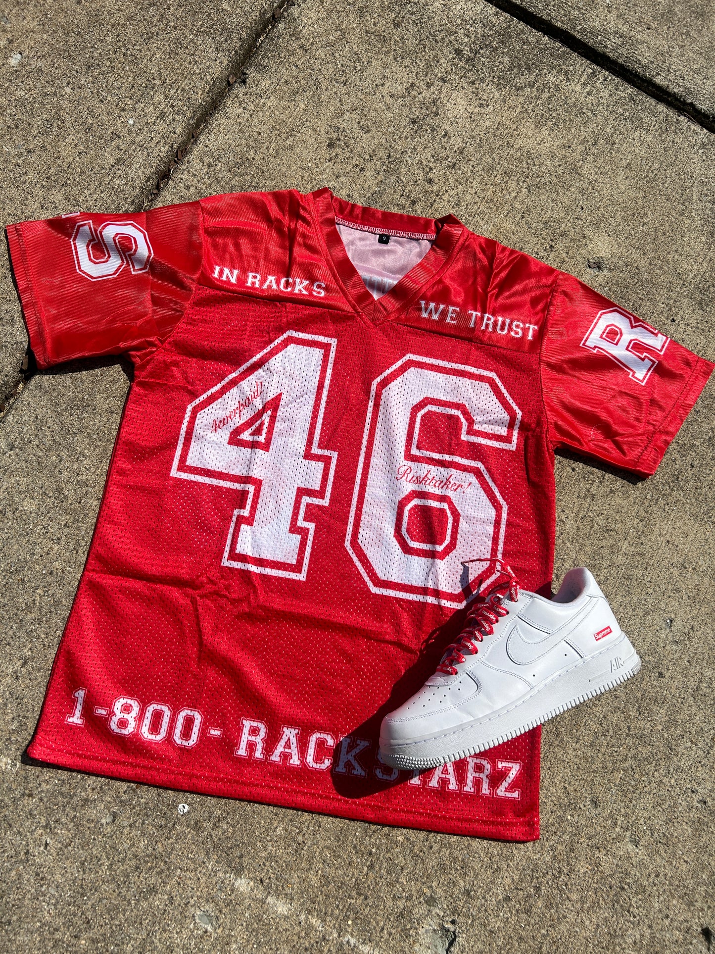 Red " In Racks We Trust " Jesery